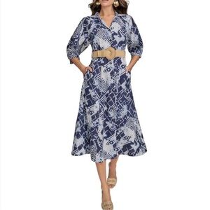 NWT Donna Karen Print Belted Long Sleeve Linen Blend Maxi Shirtdress Sz 6 $199